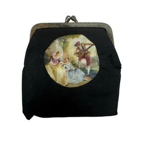 Vintage Black Coin Purse with Romantic Courting Scene Tapestry Kiss Lock